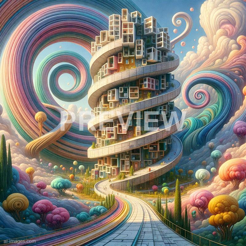 The image depicts a fantastical, spiral-shaped building with numerous cube-like windows protruding from its facade, set against a surreal, colorful sky filled with swirling clouds and rainbow-hued spirals. The structure appears to be floating in a dreamlike landscape, with a winding pathway leading up to it and whimsical, multicolored trees scattered throughout the scene. The overall atmosphere is vibrant and otherworldly, blending architectural imagination with a whimsical, fantasy environment.